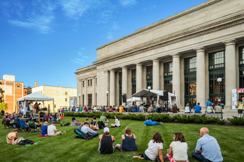 People on lawn on North Plaza for event