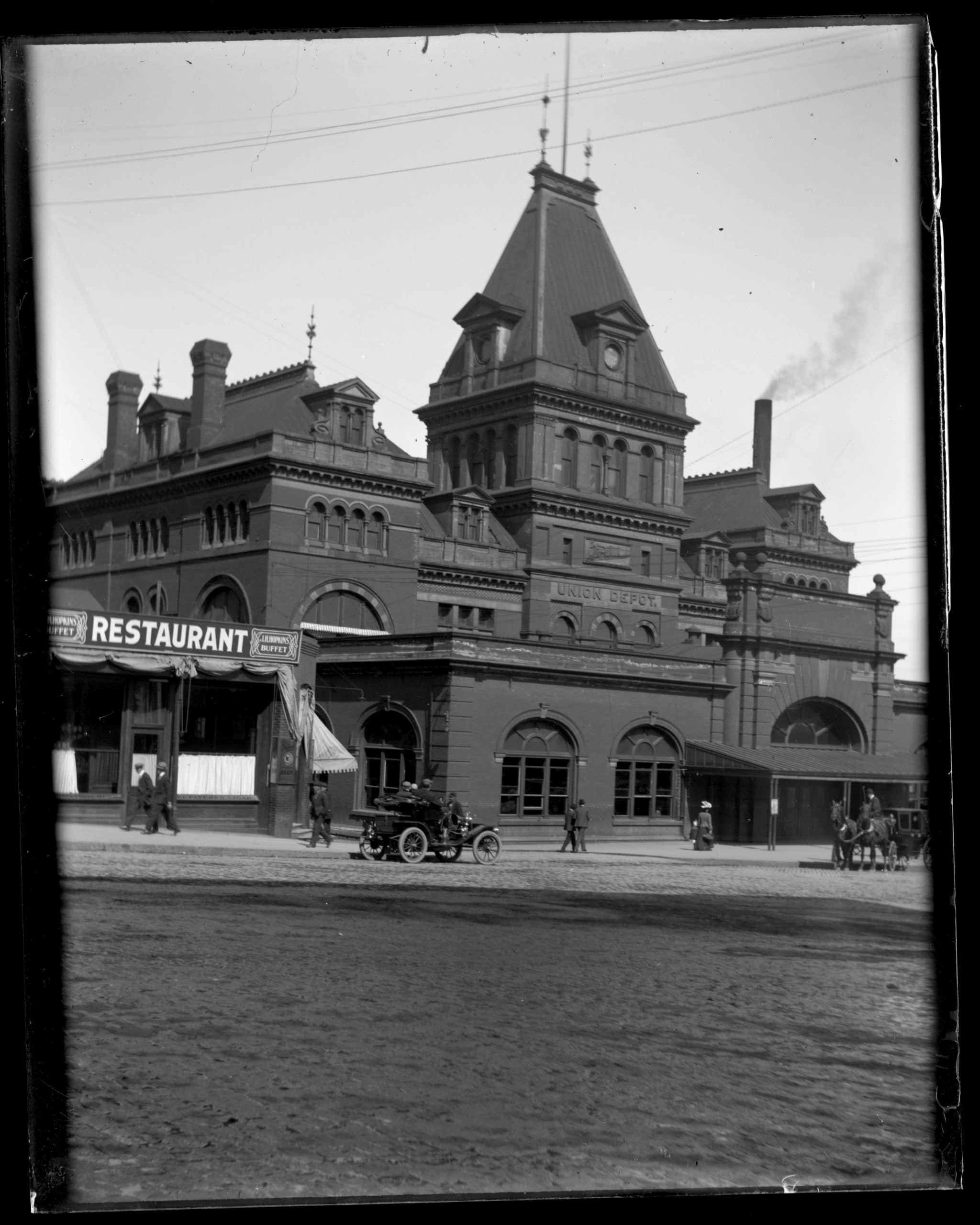 Historic photo of Union Depot under construction outside