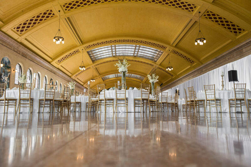 Event tables and flower arrangements in Union Depot's Waiting Room