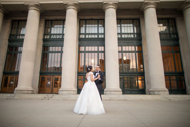 Bride and groom dancing on North Plaza