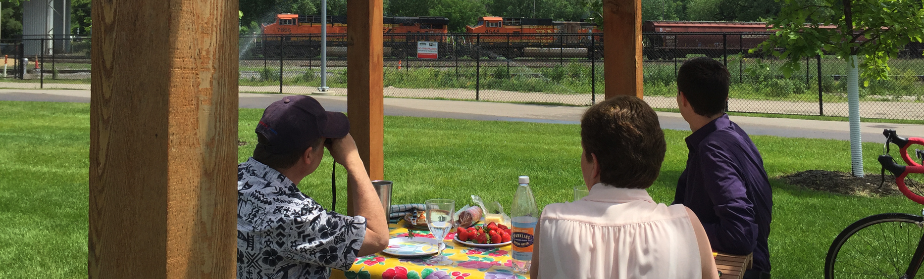 People having a picnic outside by the train tracks