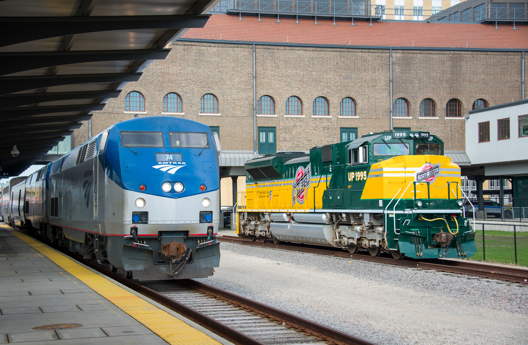 Amtrak train pulling in to Union Depot's train platform