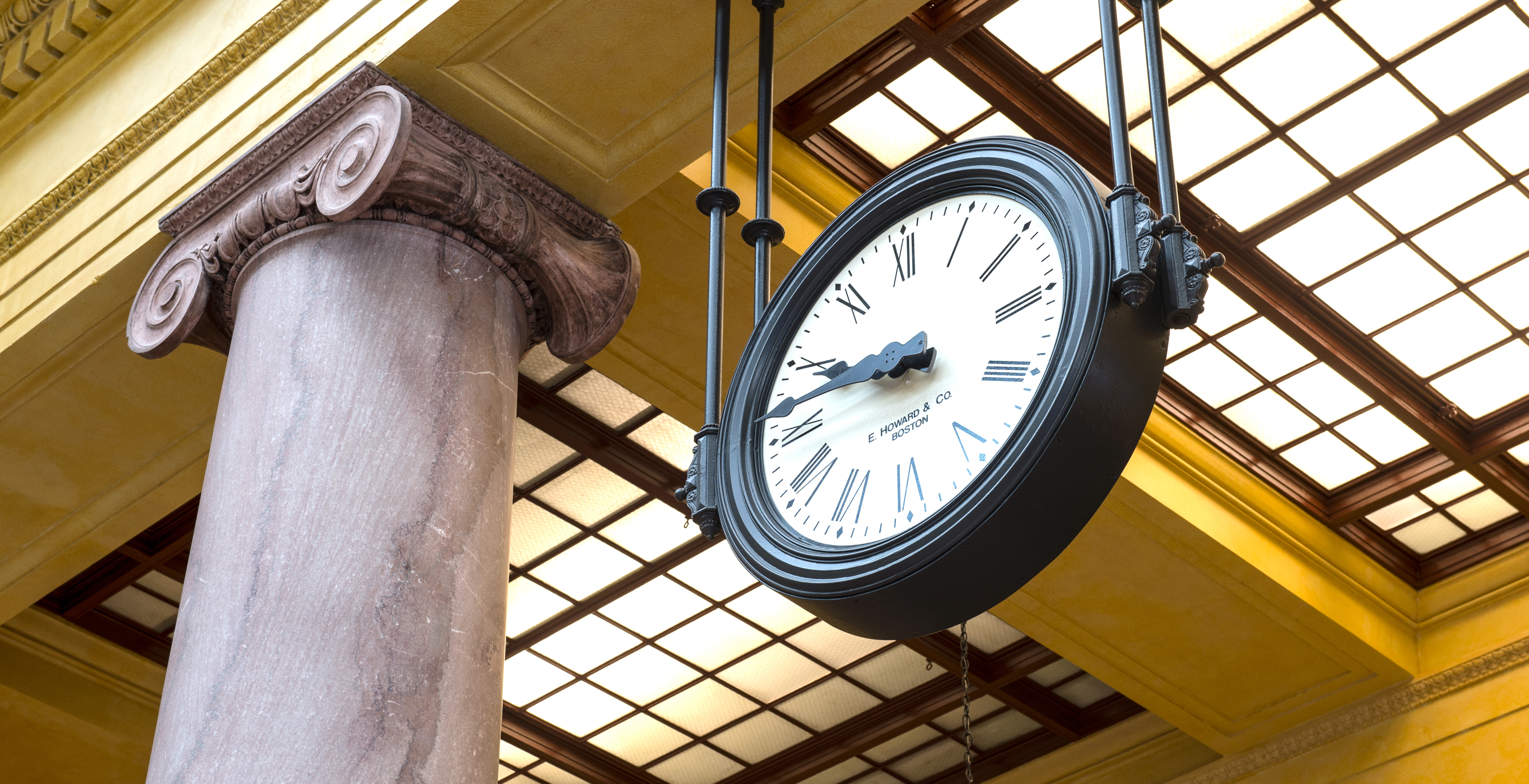 Clock hanging in Union Depot's Head House