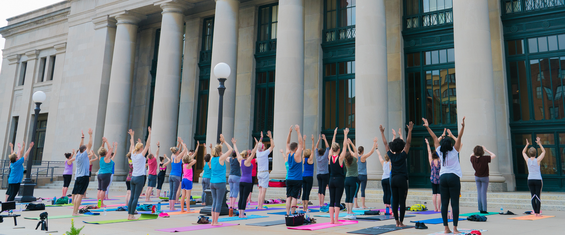 People doing yoga on Union Depot's North Plaza