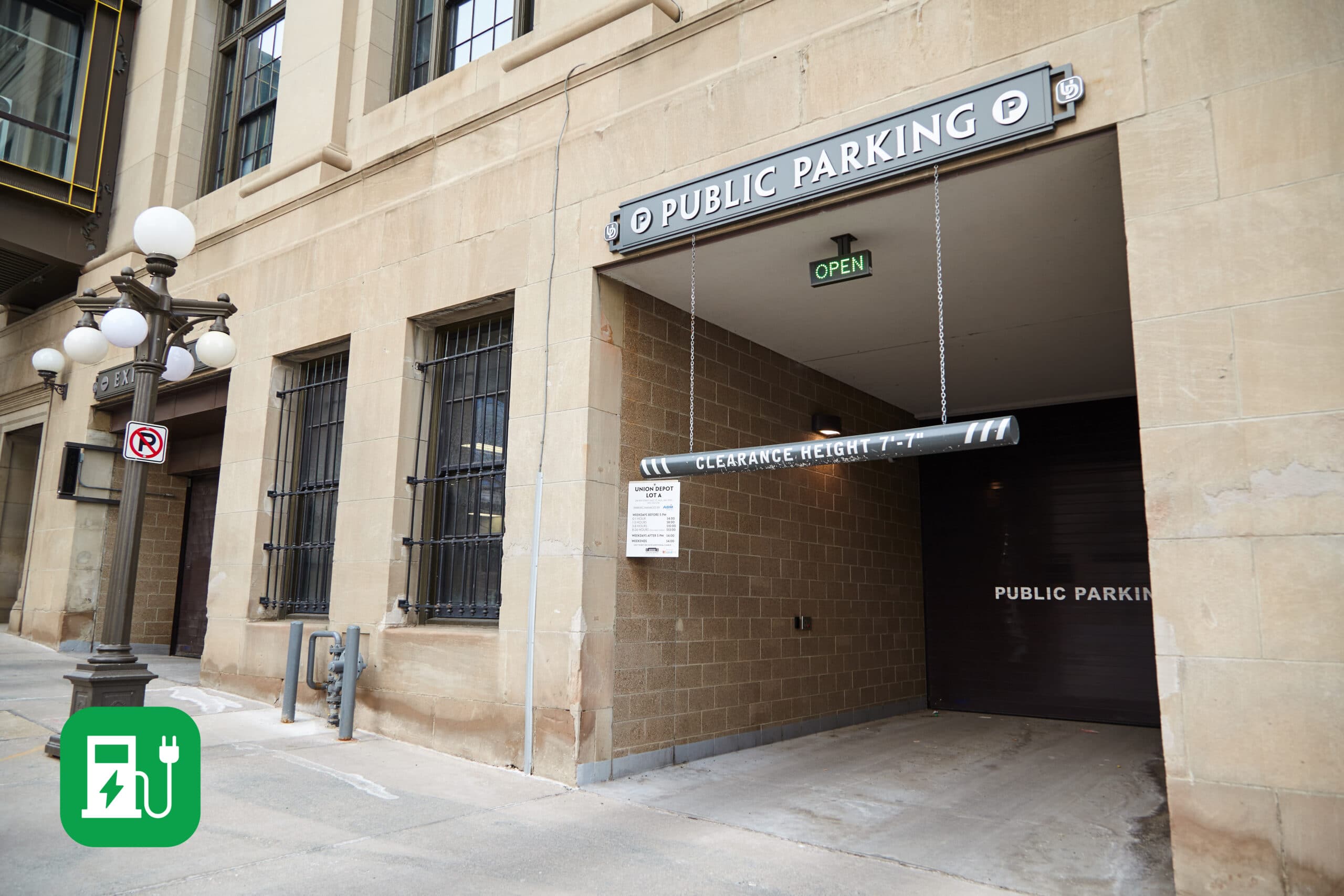 Entrance to Union Depot Parking Lot A with EV Charging icon