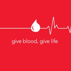 heart monitor graphic that reads "give blood, give life"