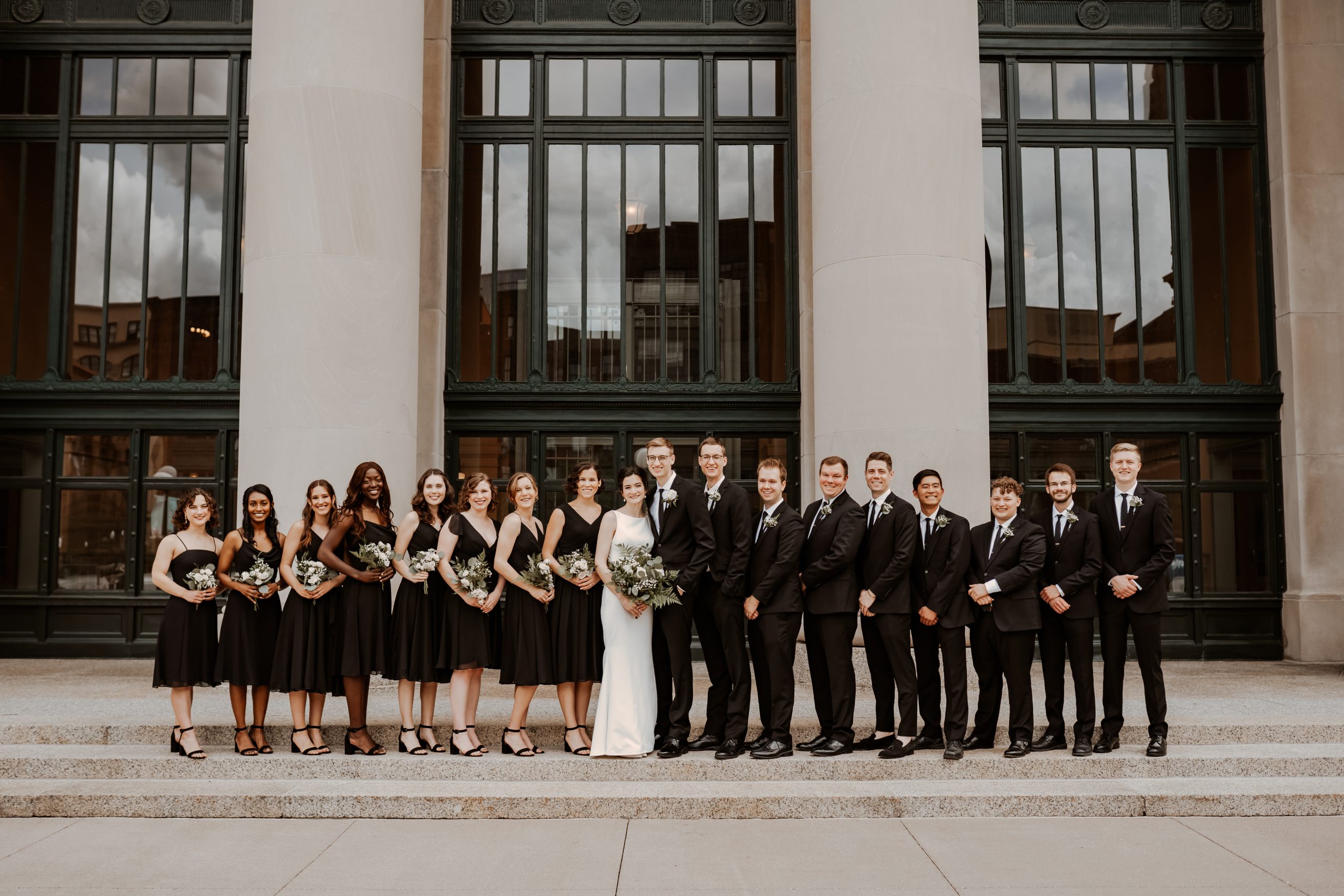 A wedding party stands out front of Union Depot's head house