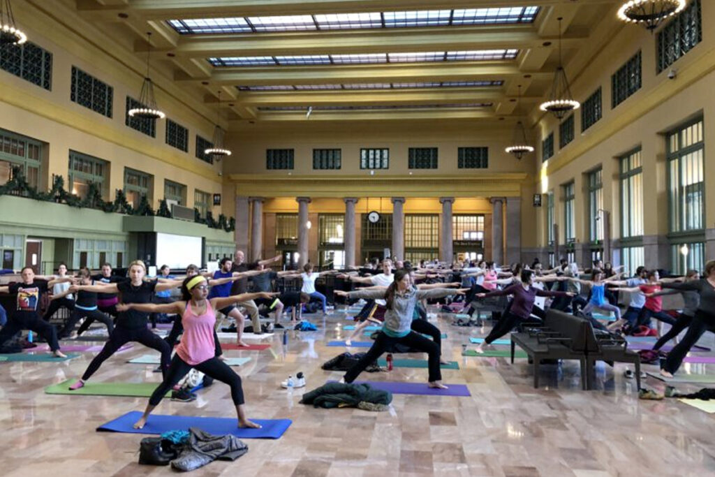 People doing yoga at Union Depot
