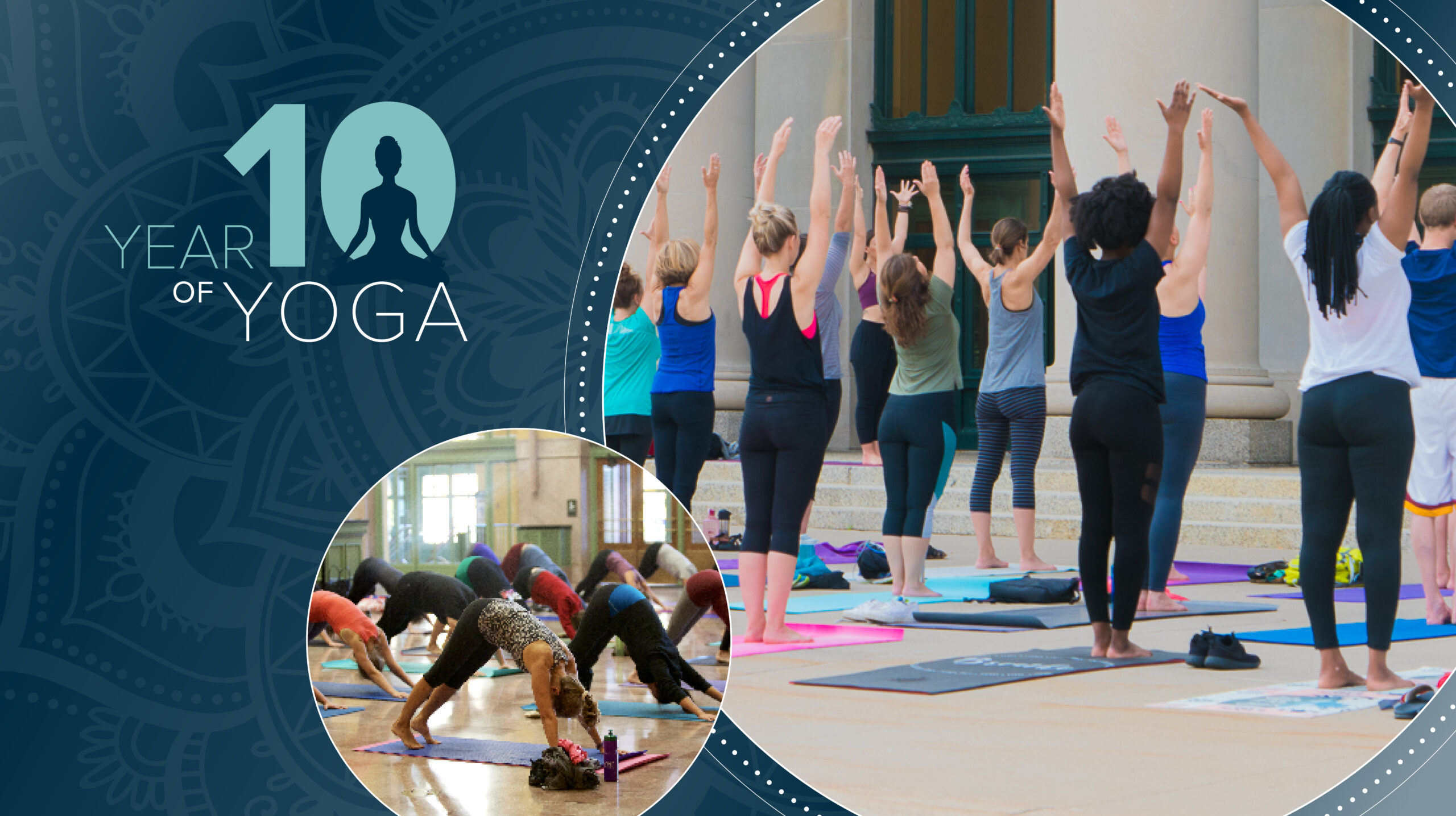 People doing yoga at Union Depot, Year 10 of Yoga logo